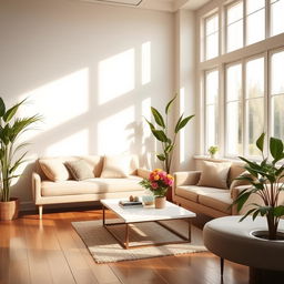 A charming interior of a bright living room, featuring a soft, plush bench and a stylish sofa that create a cozy and inviting atmosphere