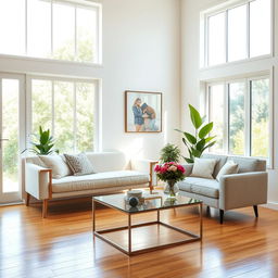 A charming interior of a bright living room, featuring a soft, plush bench and a stylish sofa that create a cozy and inviting atmosphere