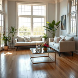 A charming interior of a bright living room, featuring a soft, plush bench and a stylish sofa that create a cozy and inviting atmosphere