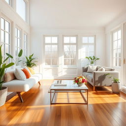 A charming interior of a bright living room, featuring a soft, plush bench and a stylish sofa that create a cozy and inviting atmosphere