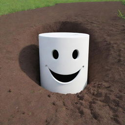 A whimsical 3D image of a white cylinder partially embedded in the ground, sporting a friendly, carved-out smile.