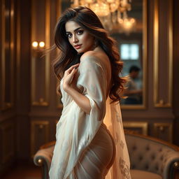 A sensual and elegant woman wearing a beautifully draped saree that accentuates her curves, exuding confidence and allure