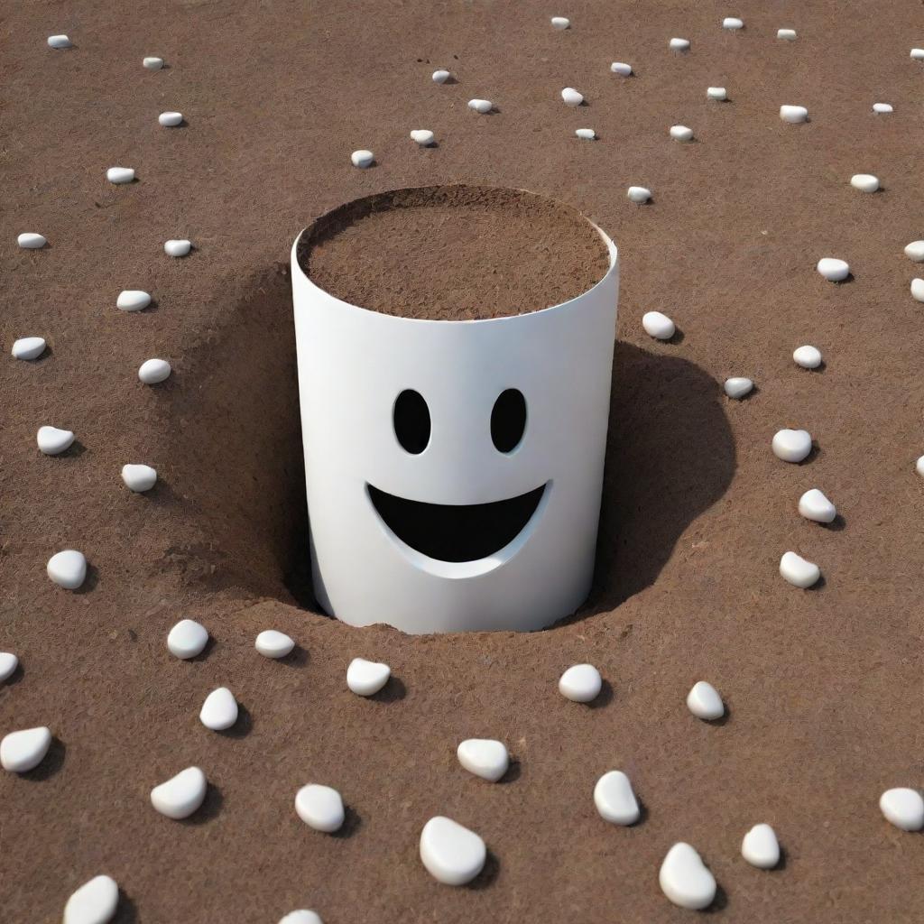 A whimsical 3D image of a white cylinder partially embedded in the ground, sporting a friendly, carved-out smile.