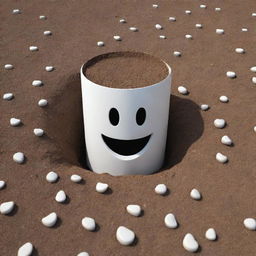 A whimsical 3D image of a white cylinder partially embedded in the ground, sporting a friendly, carved-out smile.