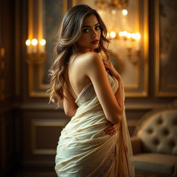 A sensual and elegant woman wearing a beautifully draped saree that accentuates her curves, exuding confidence and allure