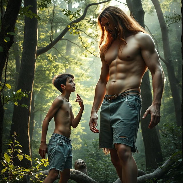 In an enchanted forest scene, a nude, handsome, emaciated giant man with long flowing hair is standing over a skinny young man, who appears inbred, clad in tattered and ripped cut-off shorts, and shirtless
