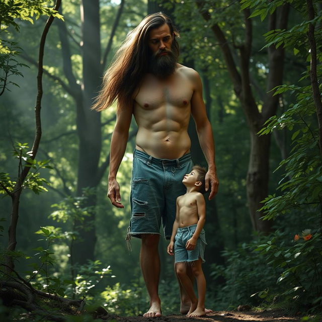 In a mystical forest setting, a nude, handsome, emaciated giant man with long flowing hair stands, showcasing his pronounced ribs and obliques