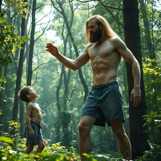 In a dreamlike forest scene, a nude, handsome, emaciated giant man with long flowing hair showcases his ribs and obliques as he stands over a skinny young man, who is not a child, dressed in tattered, ripped cut-off shorts, and is shirtless