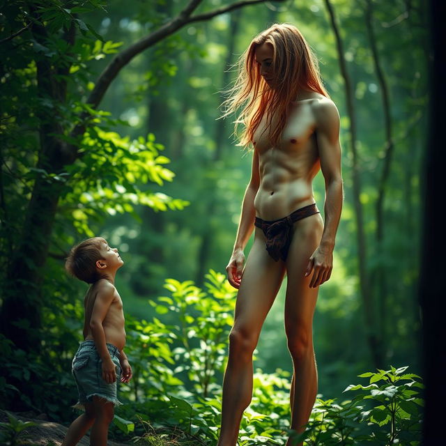 In a surreal forest environment, a nude, handsome, skinny, emaciated tall man with long flowing hair stands confidently, displaying his ribs and obliques