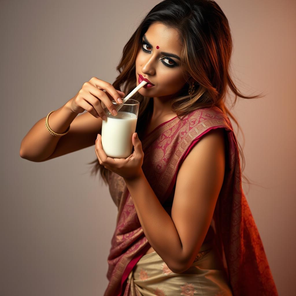 A sensual scene featuring an attractive woman in a beautifully draped traditional Indian saree, the fabric intricately patterned and flowing elegantly around her figure