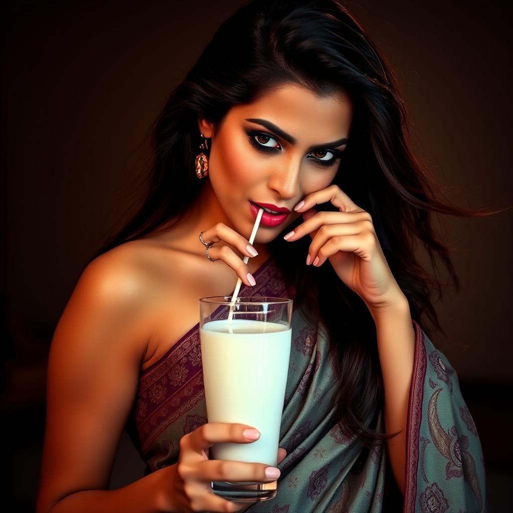 A sensual scene featuring an attractive woman in a beautifully draped traditional Indian saree, the fabric intricately patterned and flowing elegantly around her figure