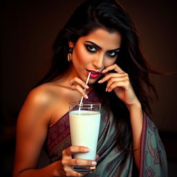 A sensual scene featuring an attractive woman in a beautifully draped traditional Indian saree, the fabric intricately patterned and flowing elegantly around her figure