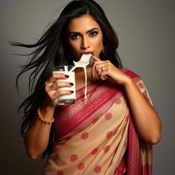 A sensual scene featuring an attractive woman in a beautifully draped traditional Indian saree, the fabric intricately patterned and flowing elegantly around her figure