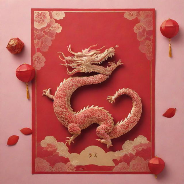 Aesthetically pleasing Chinese New Year design featuring red packets and a dragon, blended with a Valentine's Day theme