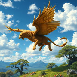 A fantasy creature inspired by Dungeons & Dragons, a majestic griffon with the body of a lion and the wings and head of an eagle, soaring majestically through a bright blue sky filled with fluffy white clouds