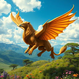 A fantasy creature inspired by Dungeons & Dragons, a majestic griffon with the body of a lion and the wings and head of an eagle, soaring majestically through a bright blue sky filled with fluffy white clouds