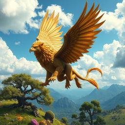 A fantasy creature inspired by Dungeons & Dragons, a majestic griffon with the body of a lion and the wings and head of an eagle, soaring majestically through a bright blue sky filled with fluffy white clouds