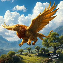 A fantasy creature inspired by Dungeons & Dragons, a majestic griffon with the body of a lion and the wings and head of an eagle, soaring majestically through a bright blue sky filled with fluffy white clouds