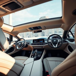 A luxurious interior of a BMW i7, showcasing sleek, high-tech design elements