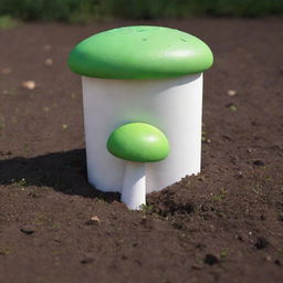 A 3D image of a white cylinder emerging from the ground, playfully capped with a vibrant green mushroom top.