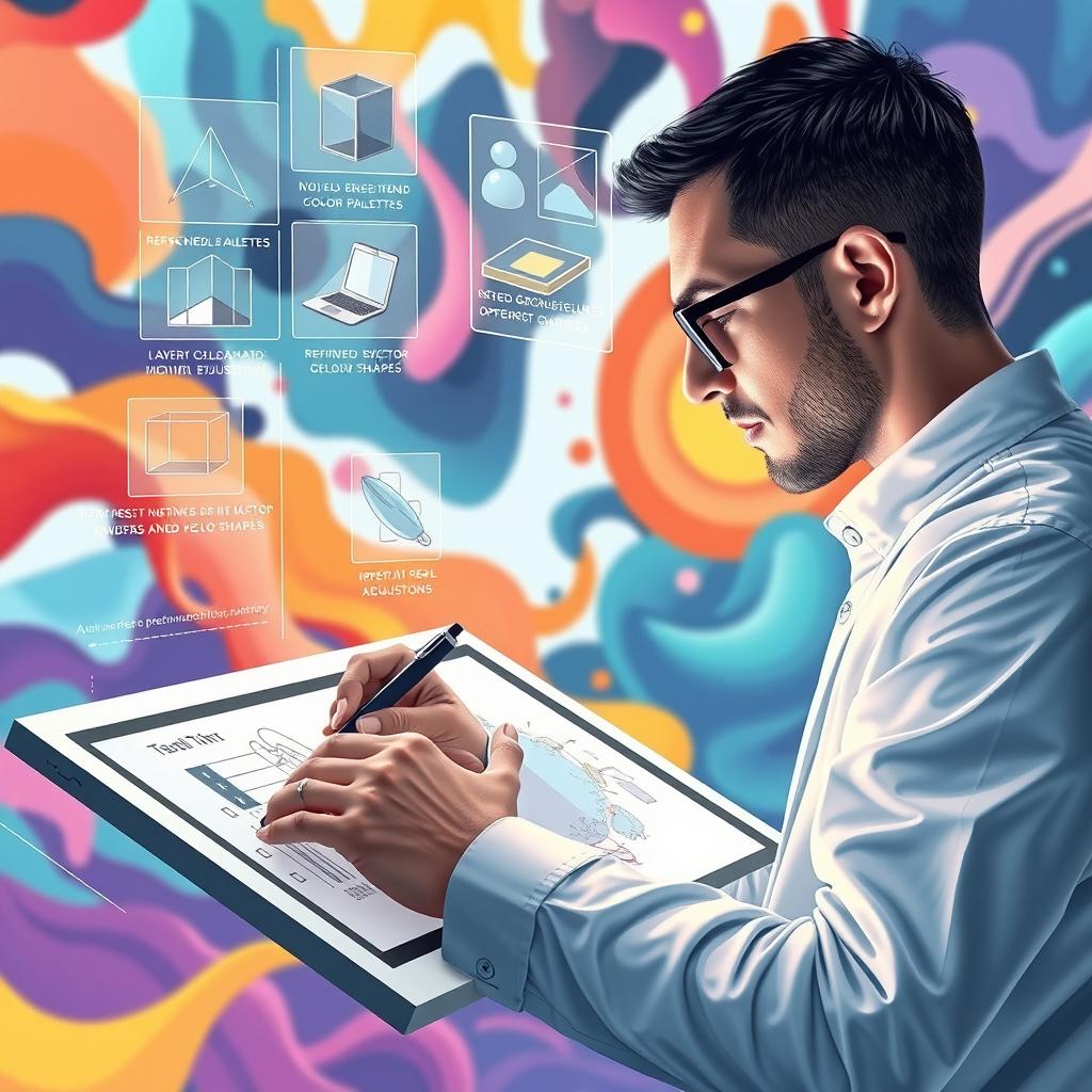 A dynamic, futuristic scene depicting a human designer working collaboratively with an AI assistant to create a complex digital illustration