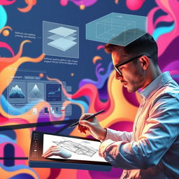 A dynamic, futuristic scene depicting a human designer working collaboratively with an AI assistant to create a complex digital illustration