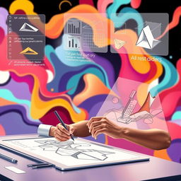 A dynamic, futuristic scene depicting a human designer working collaboratively with an AI assistant to create a complex digital illustration