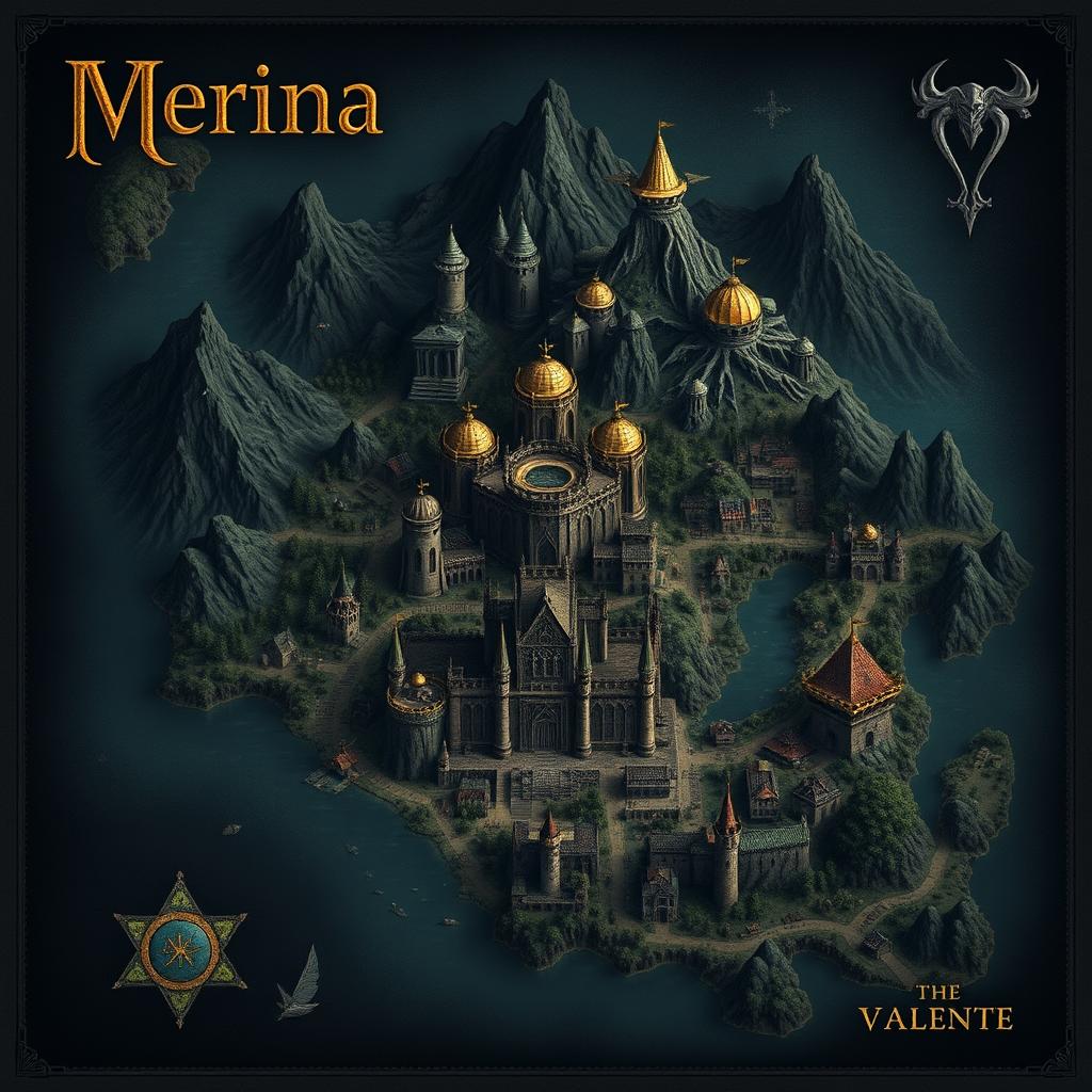 A dark fantasy map of the Kingdom of Merina featuring the capital city named Valente, which includes a large castle and a surrounding bustling village with commerce