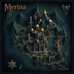 A dark fantasy map of the Kingdom of Merina featuring the capital city named Valente, which includes a large castle and a surrounding bustling village with commerce