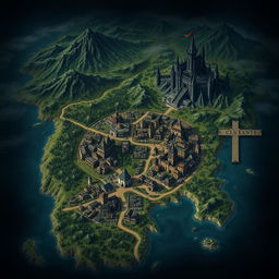 A dark fantasy map of the Kingdom of Merina featuring the capital city named Valente, which includes a large castle and a surrounding bustling village with commerce