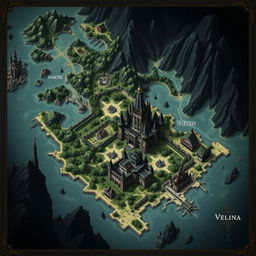 A dark fantasy map of the Kingdom of Merina featuring the capital city named Valente, which includes a large castle and a surrounding bustling village with commerce