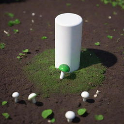 A 3D image of a white cylinder emerging from the ground, playfully capped with a vibrant green mushroom top.