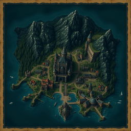 A dark fantasy map of the Kingdom of Merina featuring the capital city named Valente, which includes a large castle and a surrounding bustling village with commerce