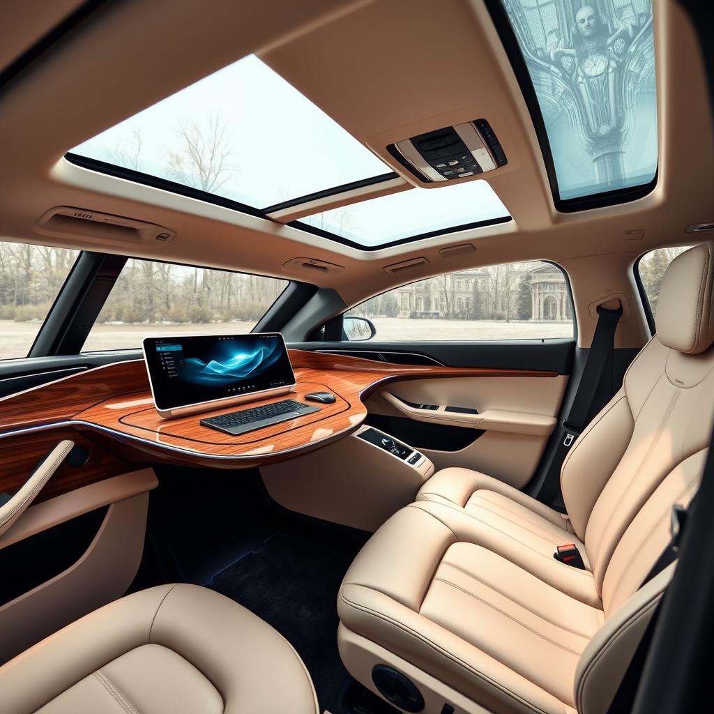 A luxurious BMW i7 interior featuring a sophisticated workspace with a high-tech desk integrated into the vehicle