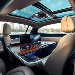 A luxurious BMW i7 interior featuring a sophisticated workspace with a high-tech desk integrated into the vehicle