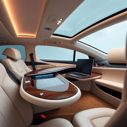 A luxurious BMW i7 interior featuring a sophisticated workspace with a high-tech desk integrated into the vehicle