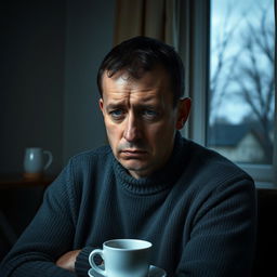 A very sad Ukrainian man sitting alone in a dimly lit room, his face reflecting deep sorrow and depression