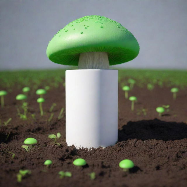 A 3D image of a white cylinder emerging from the ground, playfully capped with a vibrant green mushroom top.