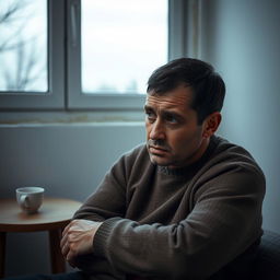 A very sad Ukrainian man sitting alone in a dimly lit room, his face reflecting deep sorrow and depression