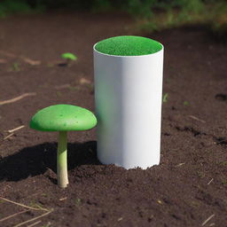 A 3D image of a white cylinder emerging from the ground, playfully capped with a vibrant green mushroom top.