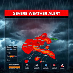 A high-tech weather alert screen showcasing a bold red warning overlay