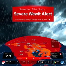 A high-tech weather alert screen showcasing a bold red warning overlay