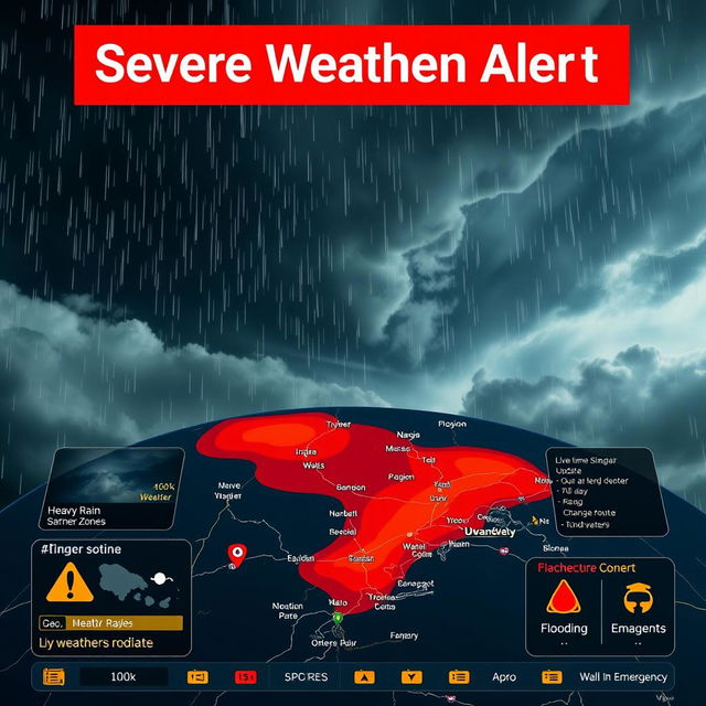 A high-tech weather alert screen showcasing a bold red warning overlay