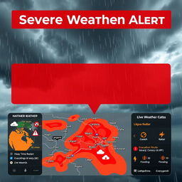 A high-tech weather alert screen showcasing a bold red warning overlay