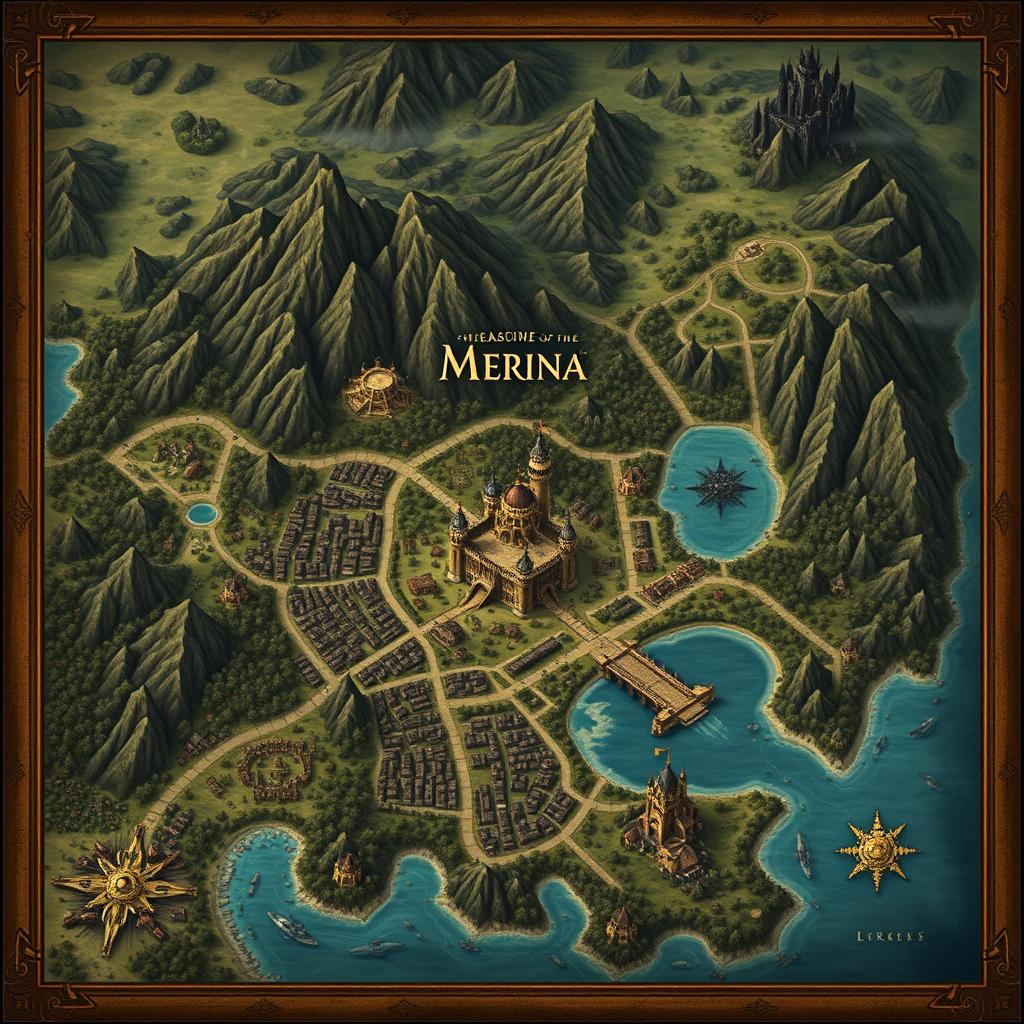 A detailed and large dark fantasy map of the Kingdom of Merina showcasing its capital with a grand castle at the center, surrounded by a vast village and bustling commerce