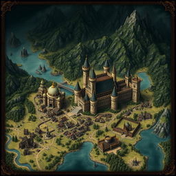 A detailed and large dark fantasy map of the Kingdom of Merina showcasing its capital with a grand castle at the center, surrounded by a vast village and bustling commerce