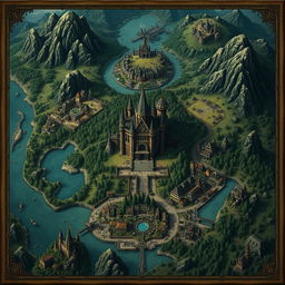 A detailed and large dark fantasy map of the Kingdom of Merina showcasing its capital with a grand castle at the center, surrounded by a vast village and bustling commerce