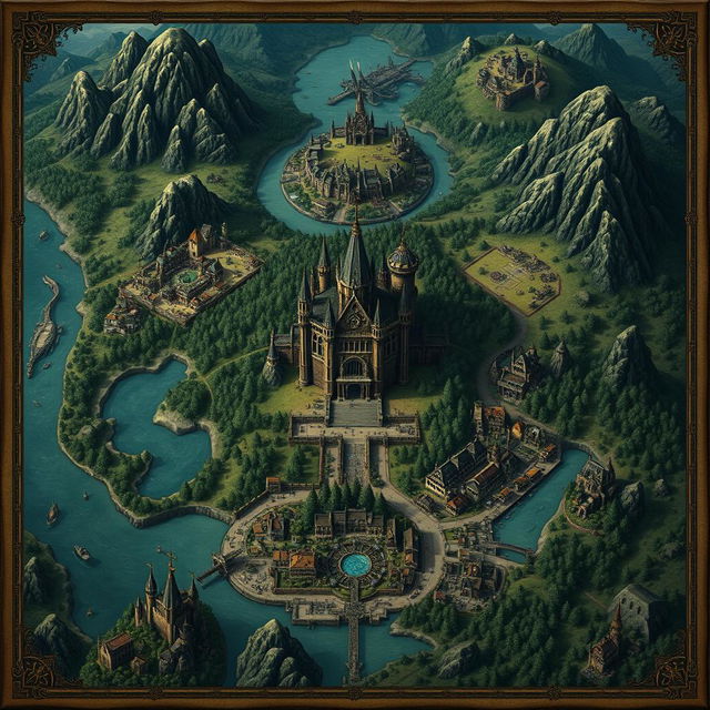 A detailed and large dark fantasy map of the Kingdom of Merina showcasing its capital with a grand castle at the center, surrounded by a vast village and bustling commerce