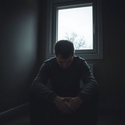 A very sad Estonian man sitting alone in a dimly lit room, his expression reflecting deep depression and sorrow