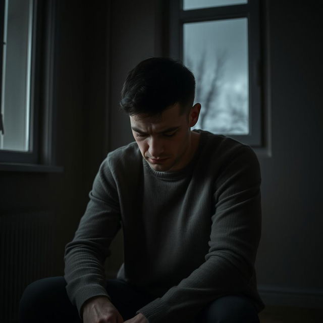 A very sad Estonian man sitting alone in a dimly lit room, his expression reflecting deep depression and sorrow